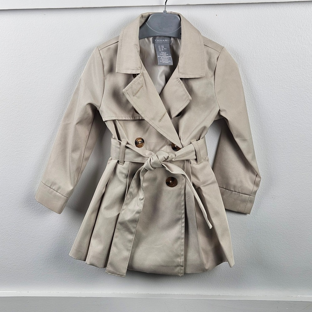 Tahari Kids Khaki Double Breasted Trench Coat Pleated Belted Jacket 18M